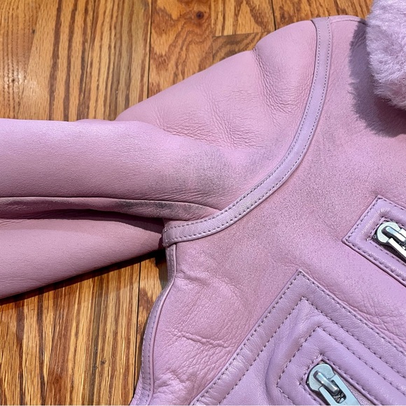 The Arrivals Pink Leather Jacket with Shearling Trim - Picture 2 of 11